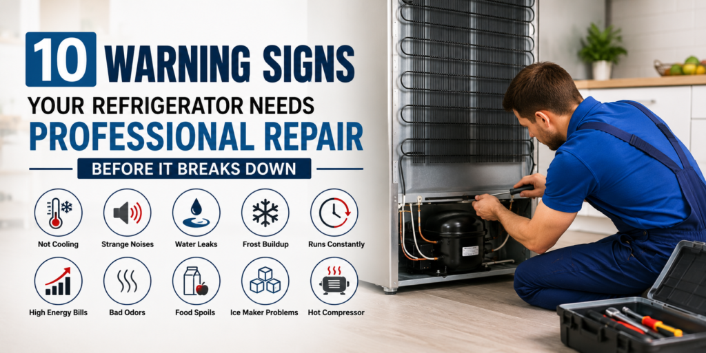 Technician inspecting a refrigerator showing warning signs that need professional repair in a Chicago home