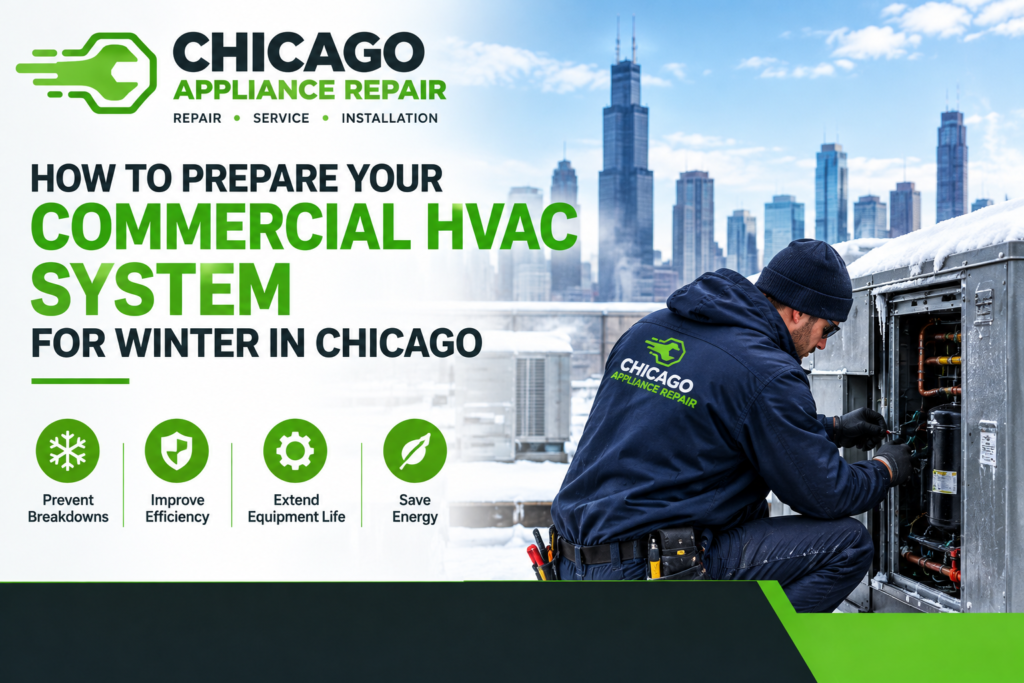 Commercial HVAC system for winter in Chicago being inspected by a technician